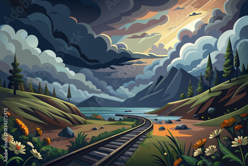 Train tracks leading to a serene lake surrounded by mountains and dramatic clouds Keywords: train tracks, railway, lake, mountains, dramatic