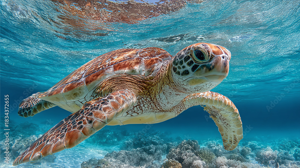 Obraz premium Majestic sea turtle gracefully glides through crystal-clear waters, a serene dance beneath the ocean's surface, coral reefs in the backdrop.