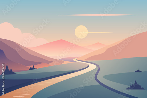 Vast Mountain Valley with Winding River and Setting Sun in Pastel Hues landscape nature