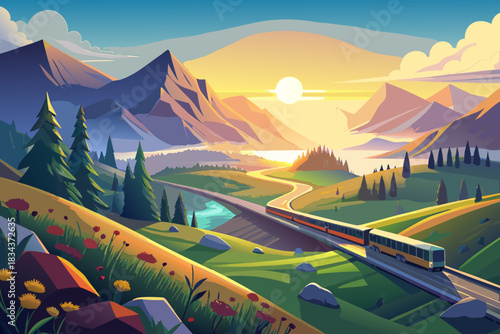 Train winding through a vibrant mountain landscape with wildflowers at sunset railway bridge