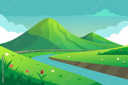 Verdant Hills and River Under a Cloudy Sky with Distant Mountains landscape nature