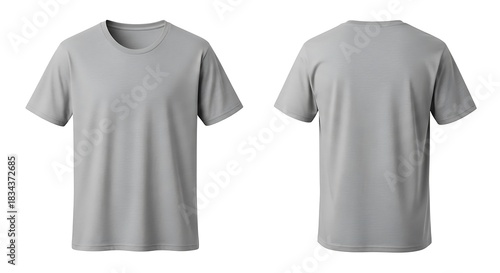Front and back view of a blank grey tshirt, perfect for design mockups and apparel branding, isolated on white background