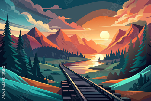 Winding train tracks through a mountain landscape at sunset railway mountains
