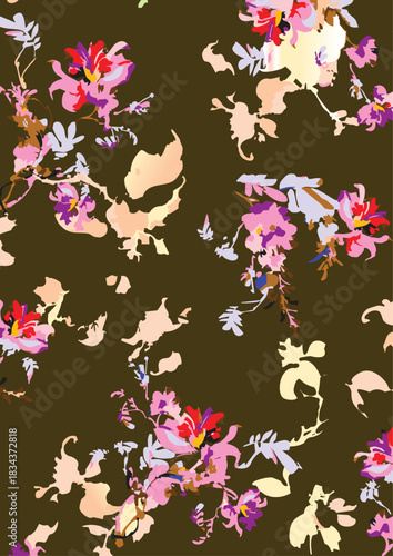 seamless floral pattern on a black background. The pattern is densely packed with small bouquets of flowers. The flowers are stylized, appearing almost like peonies or large roses.