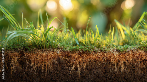 An eye-level close-up shows a section of earth with green grass, moss, and exposed soil, revealing intricate root systems. Sunlit backdrop.