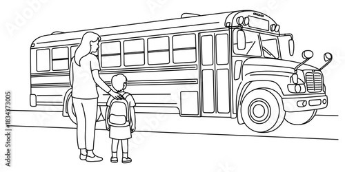 A mother escorts her child with a backpack to a waiting school bus on a street.