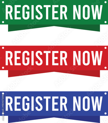"Register Now" Vector Ribbon Banners and Buttons Set in Green, Red, and Blue Flat Design