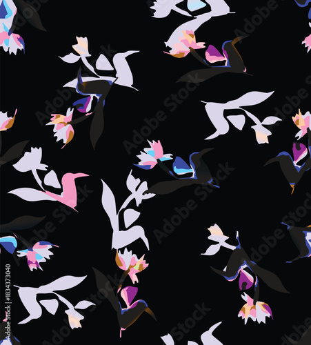 seamless floral pattern on a black background. The pattern is densely packed with small bouquets of flowers. The flowers are stylized, appearing almost like peonies or large roses.