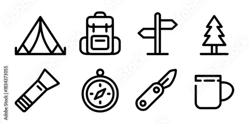 A collection of icons representing camping and hiking equipment, including a tent, backpack, signpost, tree, flashlight, compass, knife, and mug.