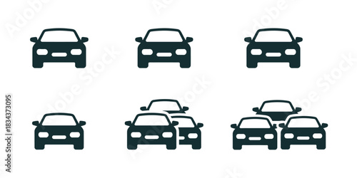 A collection of stylized car icons are arranged in a grid, representing different numbers of vehicles.