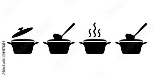 A sequence of four cooking pots illustrates different stages of meal preparation, from opening a lid to serving.