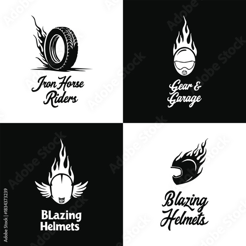 Motorcycle flaming helmet and wheel logo set in black and white for biker club and garage branding