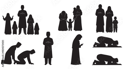 Set of Muslim family silhouettes diverse family groups in prayer and standing vector illustration isolated on white background