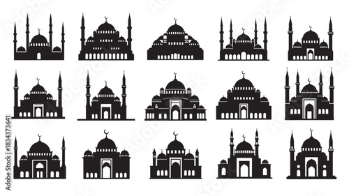 Set of mosque silhouette icons vector illustration of Islamic architecture isolated on a white background