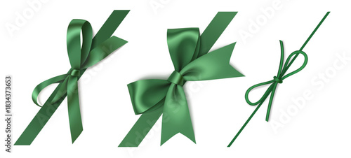 Set of diagonally decorative green bow with ribbon isolated on white. Beautiful Spring or Christmas decoration holiday decoration. Vector stock illustration.