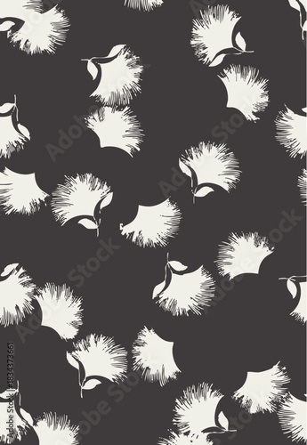 seamless floral pattern on a black background. The pattern is densely packed with small bouquets of flowers. The flowers are stylized, appearing almost like peonies or large roses.