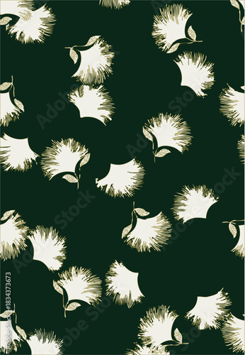 seamless floral pattern on a black background. The pattern is densely packed with small bouquets of flowers. The flowers are stylized, appearing almost like peonies or large roses.