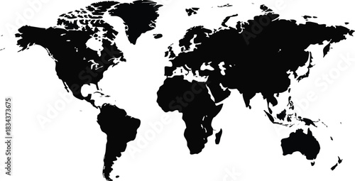 Sleek black world map for modern design projects, perfect for presentations, websites, and global business concepts needing a minimalist, stylish visual