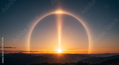 A sharp, sun pillar rising from the setting sun.