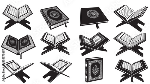 Collection of Islamic holy book illustrations detailed vector drawings of Quran books on stands isolated on white background