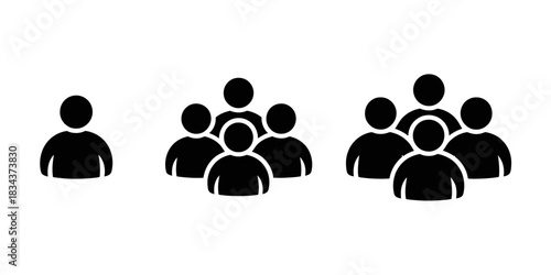 Simple graphic icons represent a single person standing apart from two different sized groups of people.