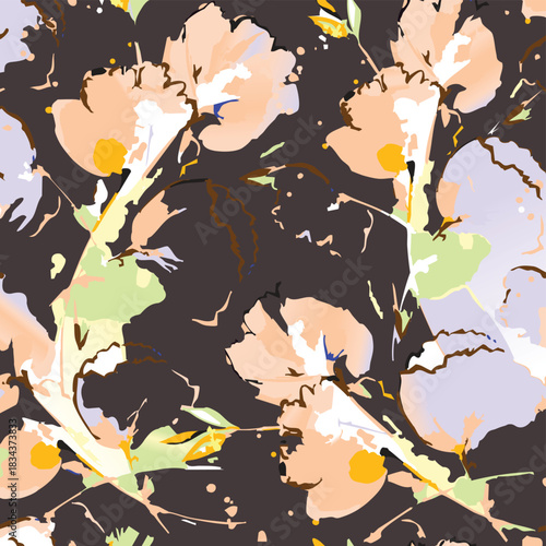 seamless floral pattern on a black background. The pattern is densely packed with small bouquets of flowers. The flowers are stylized, appearing almost like peonies or large roses.