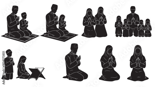 Set of Muslim family praying icons vector silhouette illustration of Islamic people in prayer isolated on white background