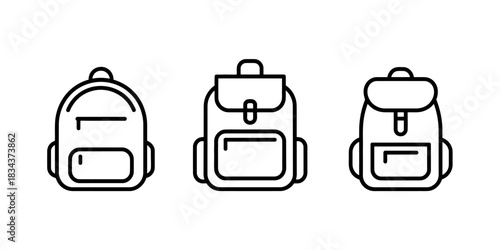 Three different outline icons of backpacks are displayed side-by-side on a white background.