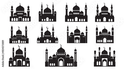 Set of mosque silhouette icons simple vector design elements for Islamic culture isolated on white background