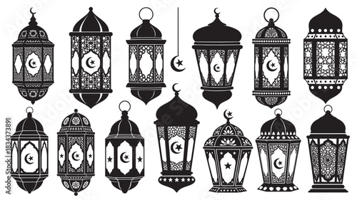 Set of Ramadan lantern illustrations decorative Islamic vector design elements isolated on white background for festive greetings and cultural celebrations