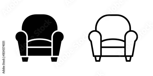 Two simplified icons of an armchair, one solid black and one outline, displayed side-by-side on a white background.