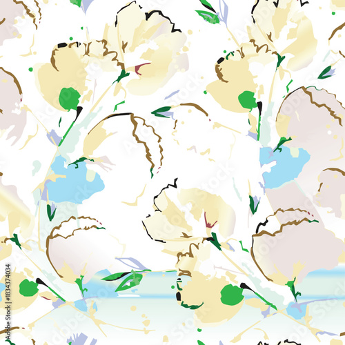 Seamless colorful floral pattern. Hand drawn flowers, herbs, leaves, branches, berries, tulip. Simple cute flat vector elements. Design for textile, cover, wallpaper