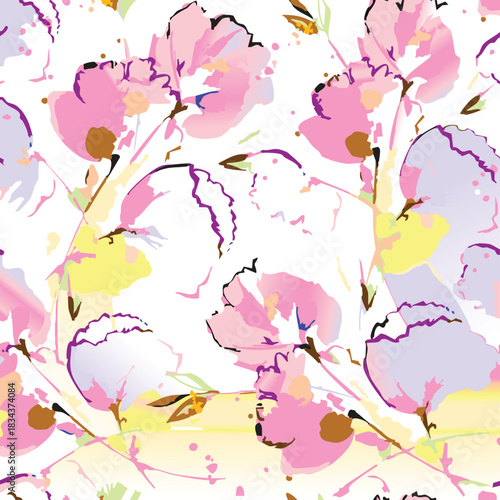 Seamless colorful floral pattern. Hand drawn flowers, herbs, leaves, branches, berries, tulip. Simple cute flat vector elements. Design for textile, cover, wallpaper