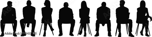 Business people silhouettes sitting on chairs in a row, diverse team audience, professional group communication, anonymous crowd listening, conference vector illustration.