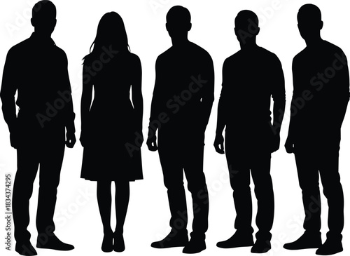 Silhouettes of a small diverse group of young adults standing together, representing friendship, conversation, identity, community, and social gathering concepts.