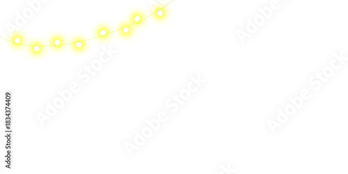A glowing string of yellow fairy lights hanging in a gentle arc, isolated on a white background.