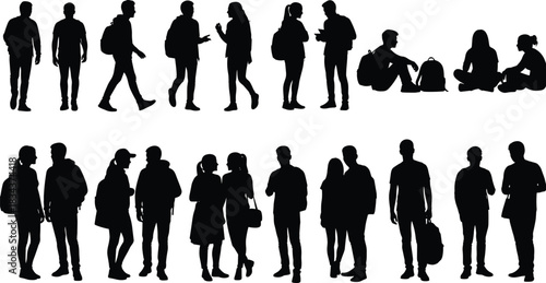 Silhouettes of diverse students and young people walking, sitting, and talking with backpacks, representing education, youth, and friendship concepts.
