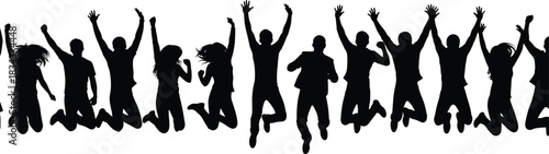 Silhouettes of ecstatic, diverse people jumping high with hands raised, symbolizing joy, achievement, success, freedom, and celebration concepts.