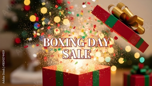 Boxing day sale promotion with open gift box and christmas tree background decoration