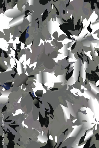 seamless floral pattern on a black background. The pattern is densely packed with small bouquets of flowers. The flowers are stylized, appearing almost like peonies or large roses.