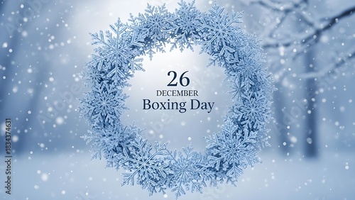 Boxing day holiday celebration wreath of frozen flowers in a snowy winter wonderland setting