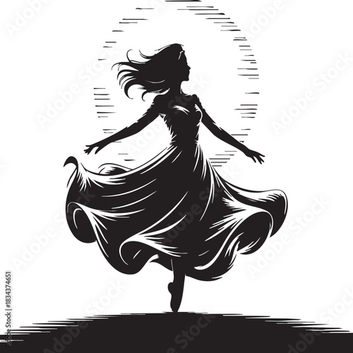 A striking black silhouette of a woman in a long, flowing dress, captured mid-dance with arms outstretched against a textured background.