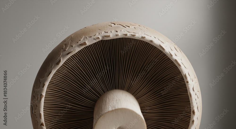 Fototapeta premium Close-up underside view of a large, textured mushroom cap with gills and stem, against a gray backdrop