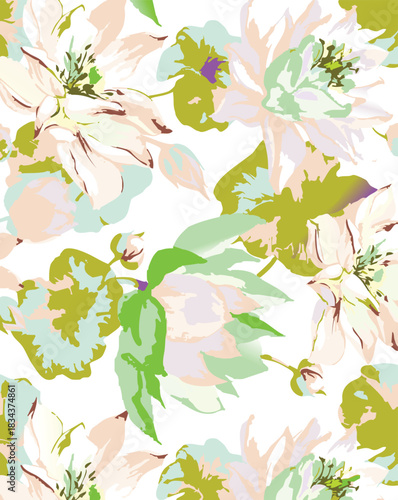 Seamless colorful floral pattern. Hand drawn flowers, herbs, leaves, branches, berries, tulip. Simple cute flat vector elements. Design for textile, cover, wallpaper