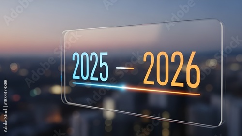 Futuristic 2025 to 2026 transition on transparent display with cityscape background