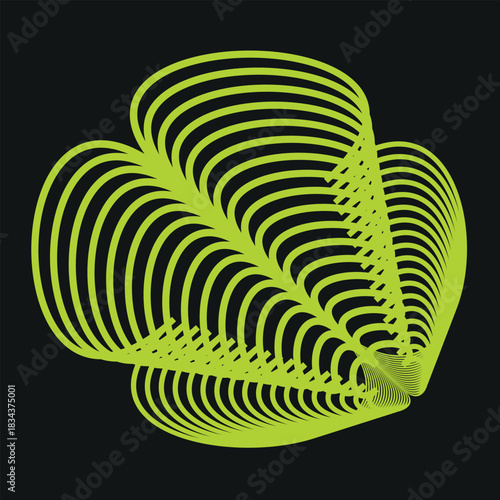 Isolated green fern leaf or frond with a detailed pattern of foliage texture set against a stark black background for an abstract nature shot