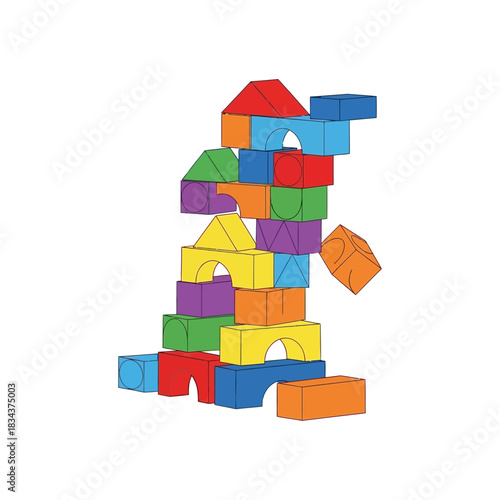 Colorful Wooden Building Blocks Tower with One Falling Down.