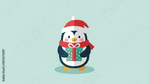 Adorable penguin wearing Santa hat and scarf, holding a gift box, perfect for holiday cards and winter season designs, vector style illustration