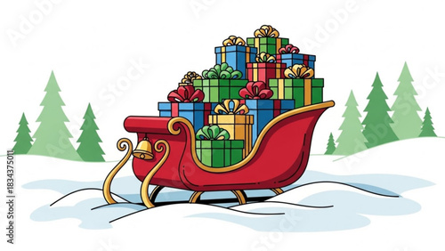 Festive Christmas Sleigh Ride Delivering Joyful Gifts Through Snowy Winter Landscape with Evergreen Trees, Perfect for Holiday Celebrations and Seasonal Cheer