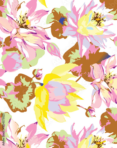 Seamless colorful floral pattern. Hand drawn flowers, herbs, leaves, branches, berries, tulip. Simple cute flat vector elements. Design for textile, cover, wallpaper